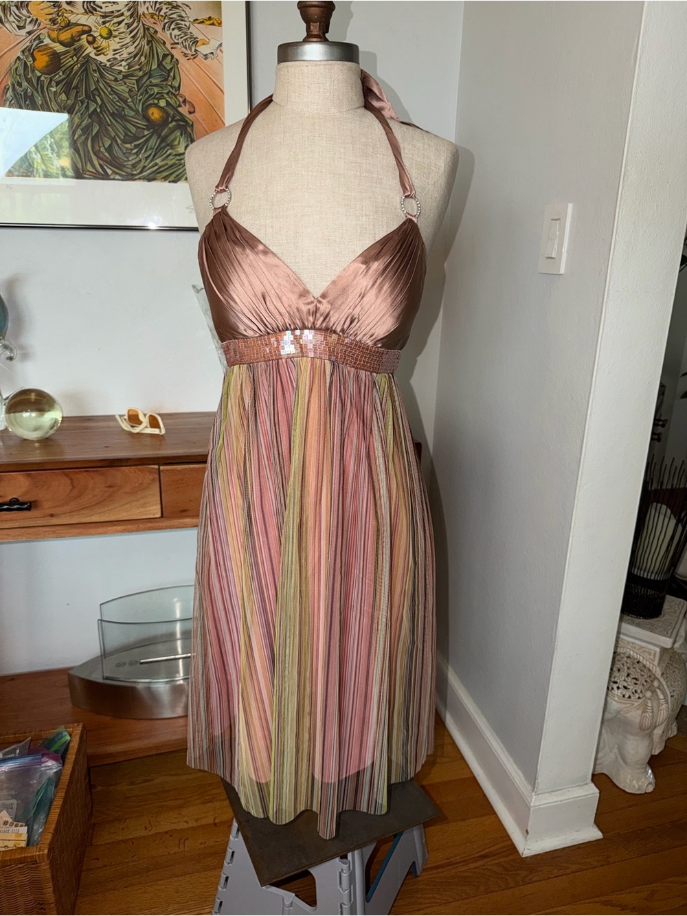 Y2k Rose Pink silk Halter Stripe Midi Dress